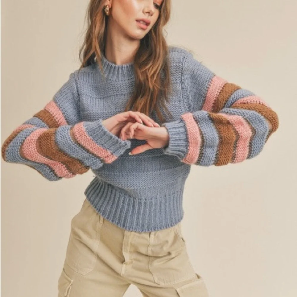 Lush Clothing Blue Sweater With Striped Sleeves